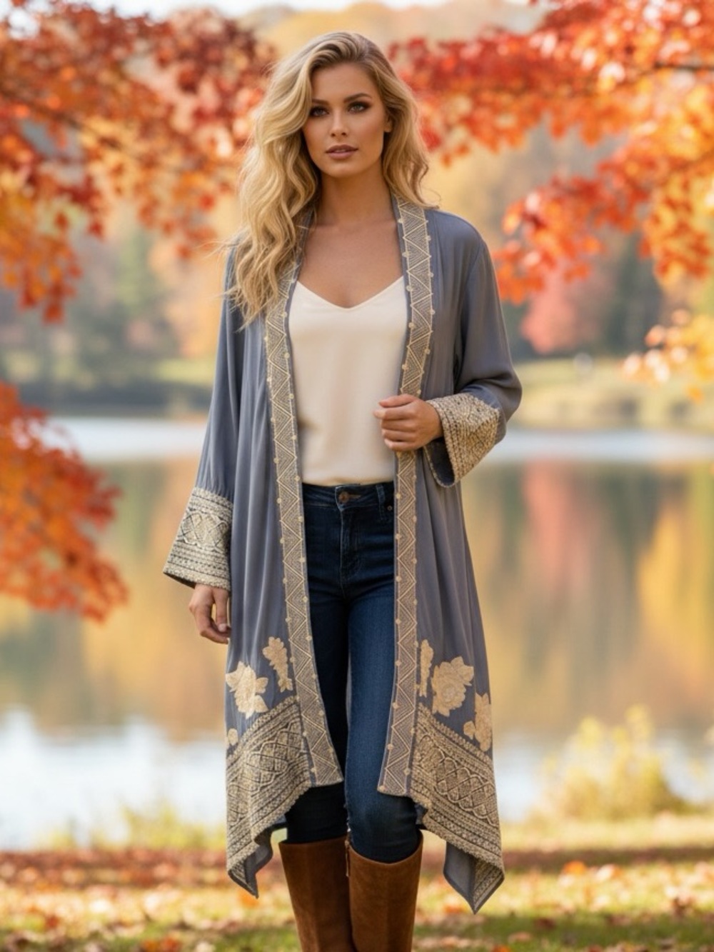 ANDREE BY UNIT Grey Embroidered Open-Front Sweater Kimono